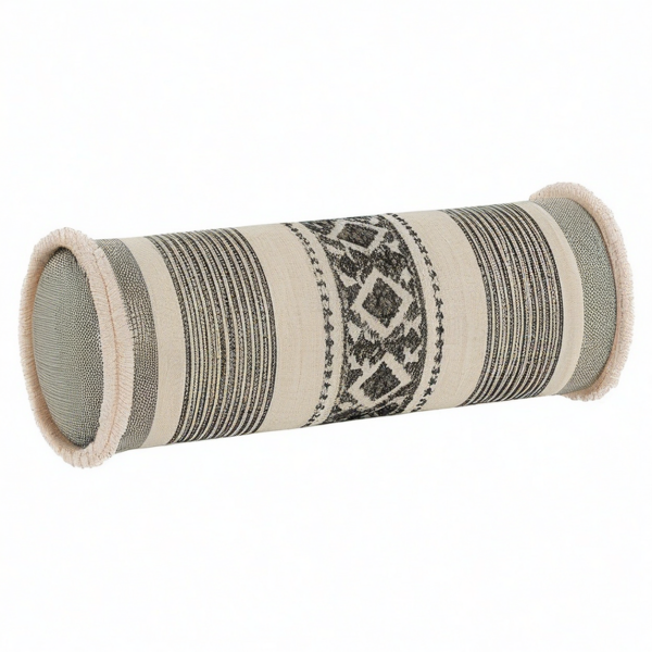 Cojín cilíndrico 20 x 50 cm de tejido beige y negro con flecos decorativos