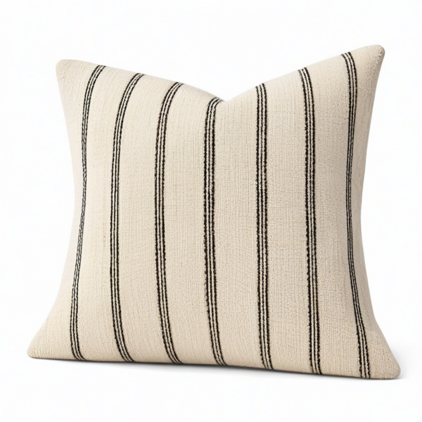 Cojín decorativo 45 x 45 cm de tejido beige con rayas negras estilo contemporáneo