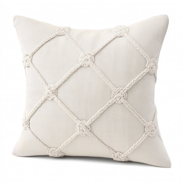 Cojín decorativo cuadrado 45 cm de tejido beige con trenzado estilo bohemio