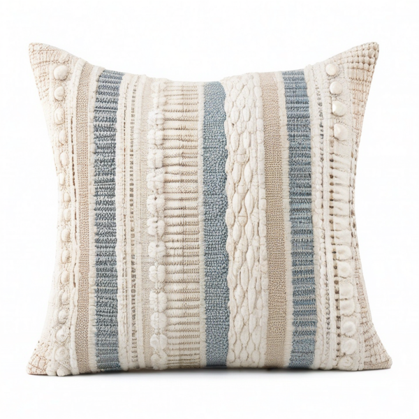 Cojín cuadrado 45 cm de tejido beige y azul para decoración estilo bohemio
