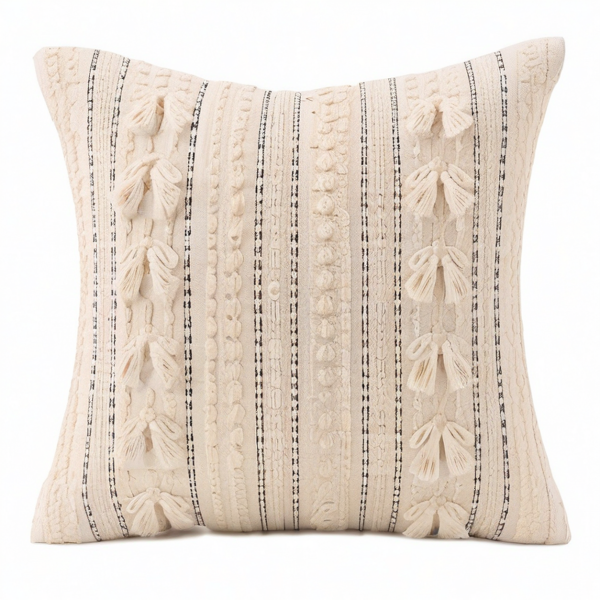 Cojín decorativo cuadrado 45 x 45 cm de algodón beige con borlas estilo bohemio