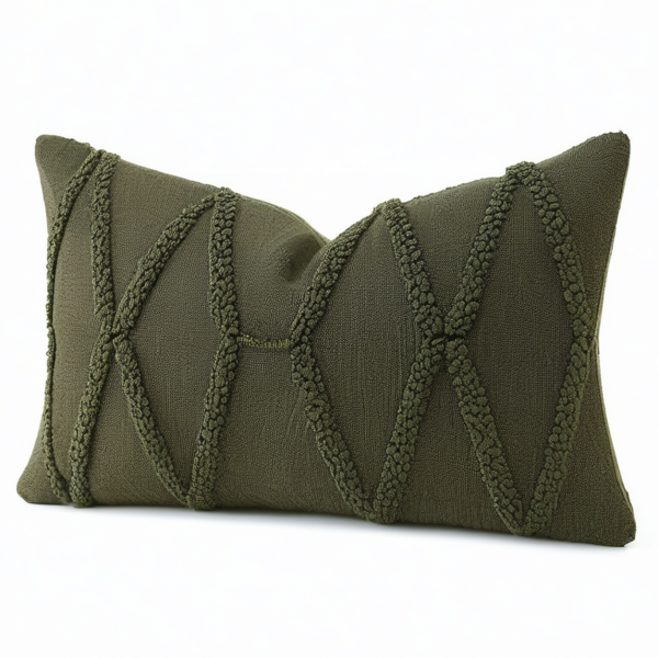 Cojín decorativo rectangular 50 x 30 cm de tejido verde con relieve geométrico