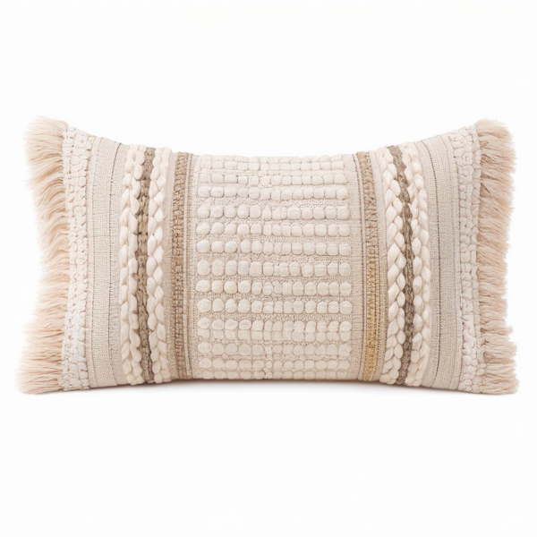 Cojín rectangular 50 x 30 cm de tejido beige con flecos - estilo bohemio