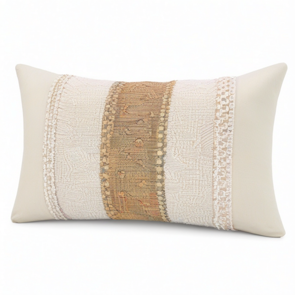 Cojín decorativo rectangular 50 x 30 cm de tejido beige y marrón con textura bohemia