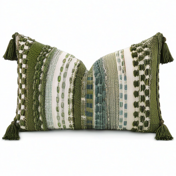Cojín decorativo 50 x 30 cm textil verde y blanco con flecos tejido