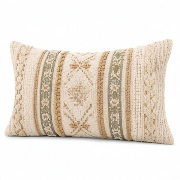 Cojín lumbar rectangular 50 x 30 cm de tejido beige y verde con textura tejida decorativa