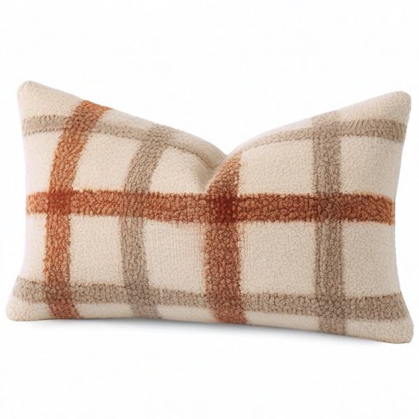 Cojín rectangular 50 x 30 cm de tejido bouclé beige y terracota - decorativo de cuadros
