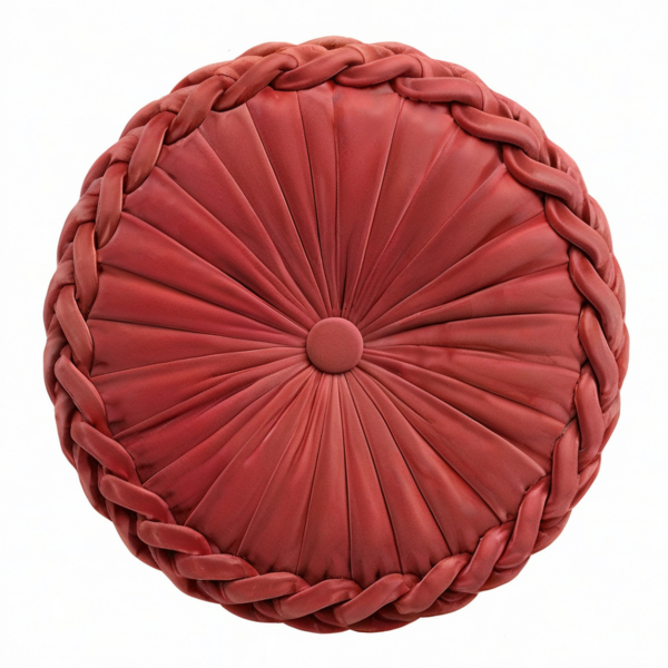 Cojín decorativo redondo 45 cm de tela aterciopelada rojo con diseño trenzado